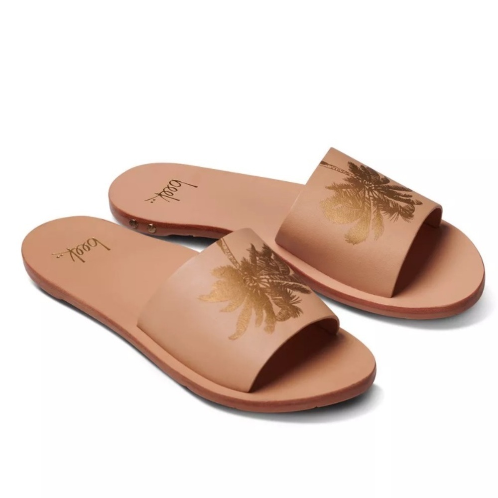 Beek Brazil Mockingbird Palm Tree Leather Sandals New Beach Tan Slides